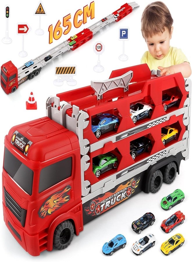 TOYVELLY مجموعة ألعاب شاحنة النقل الكبيرة من TOYVELLY مع مسارين للقذف، وحامل سيارات قابل للطي قابل للطي مع سيارتين معدنيتين، هدية للأطفال من عمر 3 سنوات فما فوق (مقطورة). - Image 5